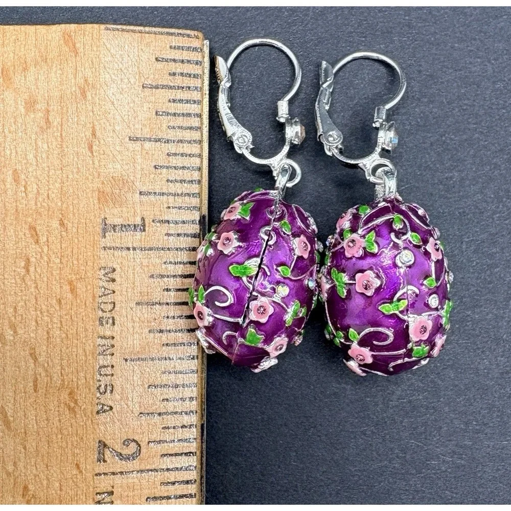 Kirks Folly Bunny Kisses Easter Egg Dangle Earrings Purple Floral Spring Pierced
